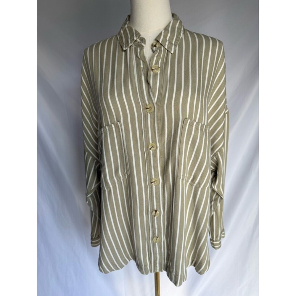 Blu Pepper Striped Oversized Button Down Shirt Medium Nwt Olive Green/White